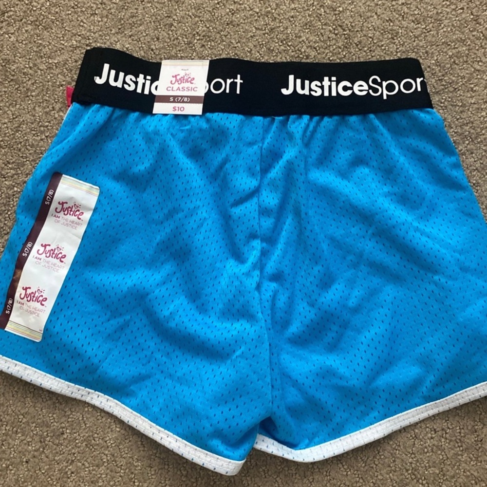 Justice Blue Athletic Mesh Shorts with Black Logo Waistband